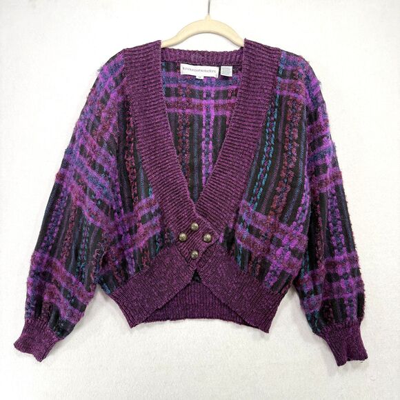 Vtg Tony Lambert Cardigan Women M Purple Plaid Mohair Blend Chunky Indie 80s 90s - Picture 1 of 12